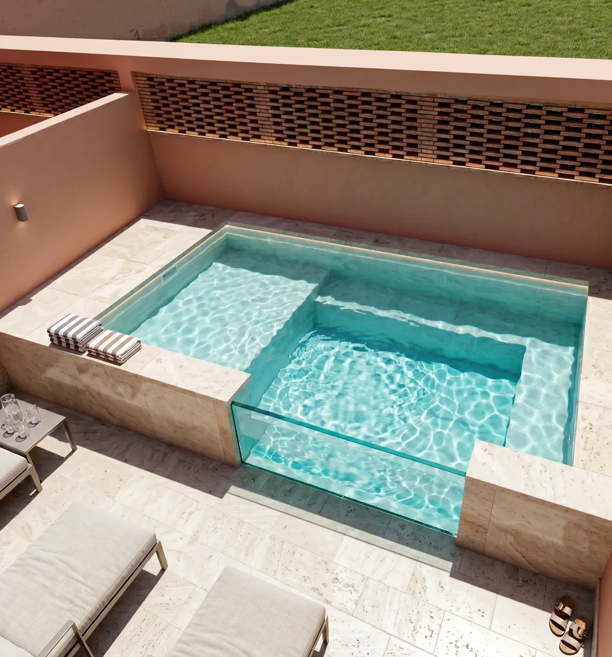 Piscine hors-sol en polyester avec accès sécurisé sous palapa